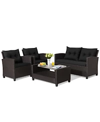 Gymax 4PCS Outdoor Conversation Set Patio Pe Rattan w/ Glass Table & Sofa Cushions