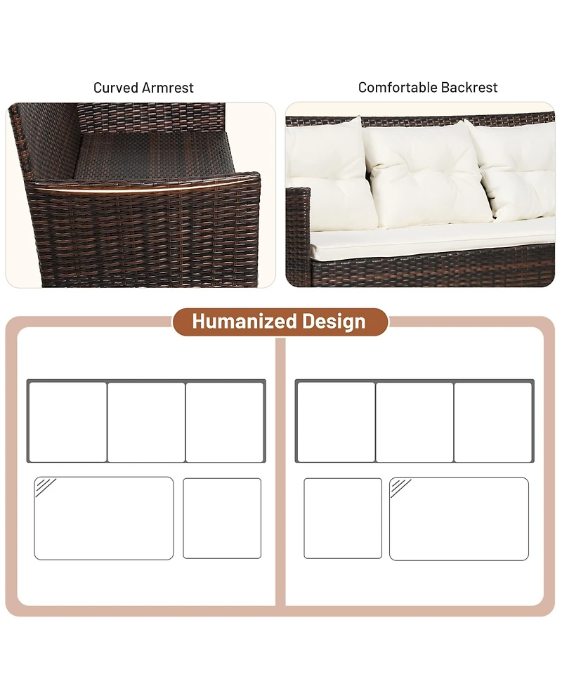 Gymax 3PCS Patio Rattan Sectional Conversation Furniture Set w/ Off White Cushions