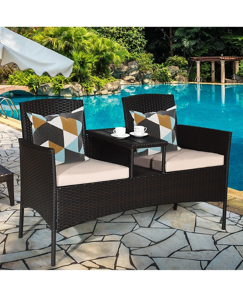 Costway Patio Rattan Conversation Set Loveseat Sofa Cushioned Coffee Table