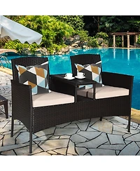 Costway Patio Rattan Conversation Set Loveseat Sofa Cushioned Coffee Table