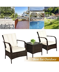 3 Pcs Patio Rattan Furniture Set Coffee Table & 2 Rattan Chair