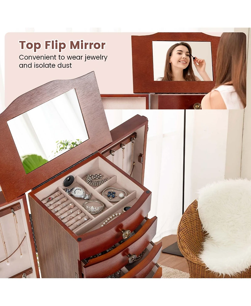 Costway Wood Jewelry Cabinet Storage Chest Stand Organizer