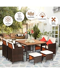 9PCS Patio Rattan Dining Set Cushioned Chairs Ottoman Wood Table Top