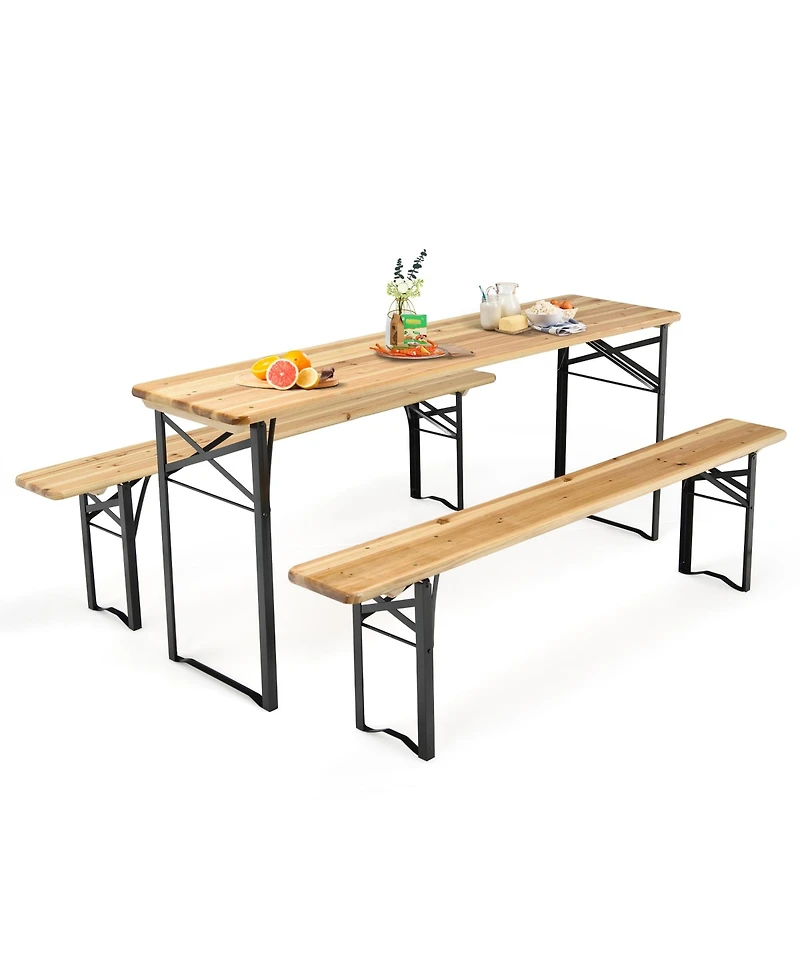 Costway 3 Pcs Beer Table Bench Set Folding Wooden Top Picnic Table Patio Garden