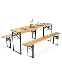 Costway 3 Pcs Beer Table Bench Set Folding Wooden Top Picnic Table Patio Garden