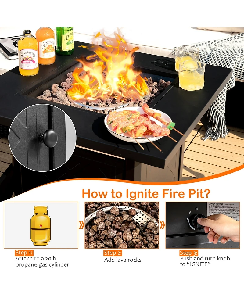 Costway 28'' Propane Fire Pit Table 50,000 Btu Patio Square Gas Fireplace W/Lava Rock