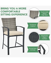 Costway Patio Rattan Bar Furniture Set Slat Table 2 Cushioned Stools Poolside