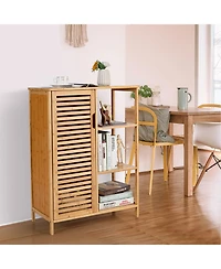 Bathroom Cabinet Bamboo Storage Floor Cabinet w/ Single Door & 3 Open Shelves