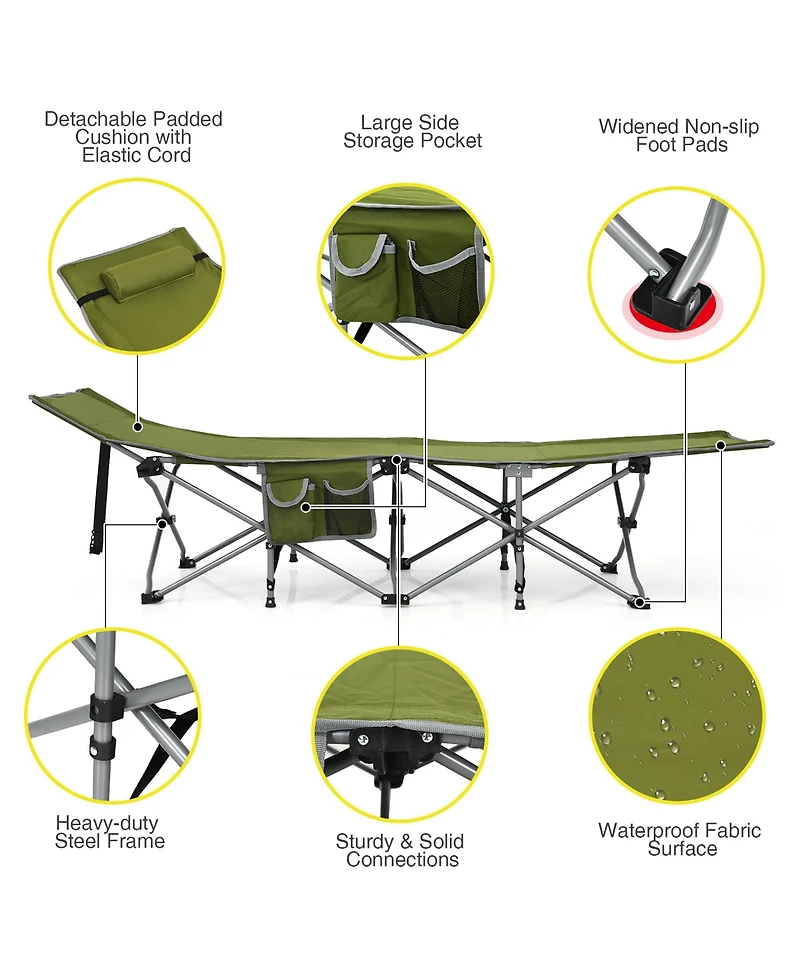 Camping Cot Heavy-Duty Outdoor Cot Bed w/ Side Storage Pocket
