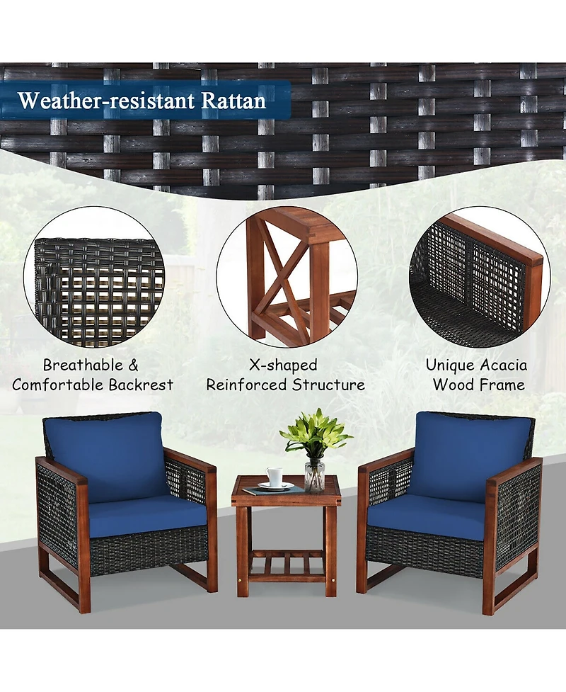 3PCS Patio Wicker Furniture Set Solid Wood Frame Cushion Sofa w/ Square Table Shelf