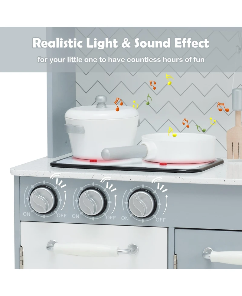 Pretend Play Kitchen Wooden Toy Set for Kids w/ Realistic Light & Sound