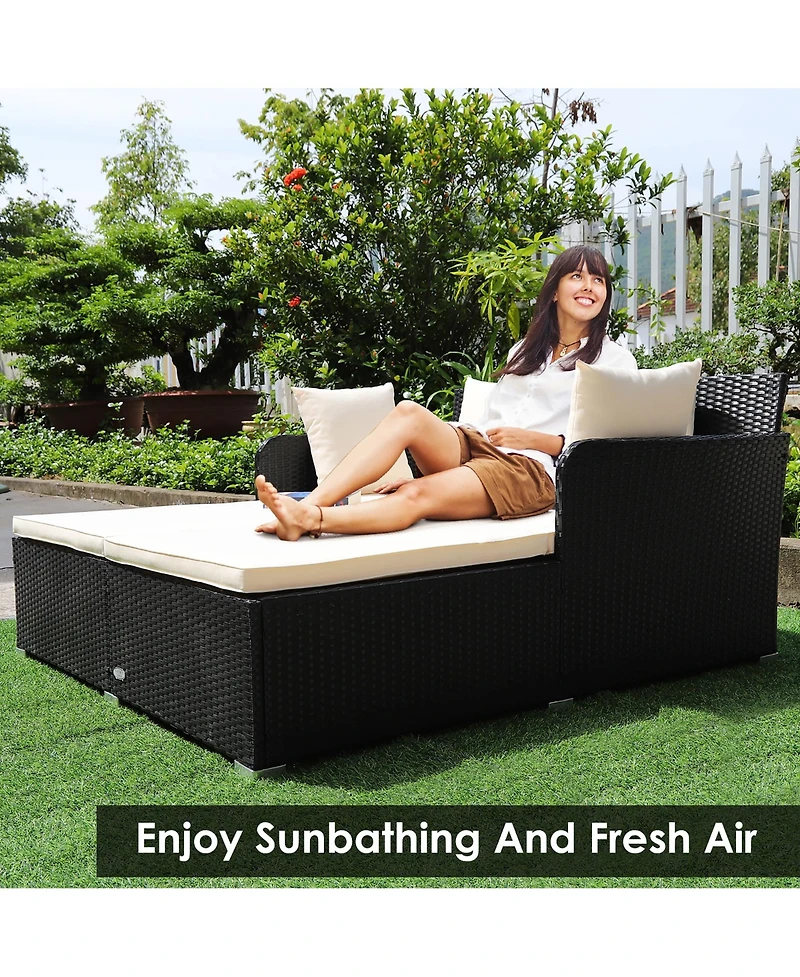 Outdoor Patio Rattan Daybed Thick Pillows Cushioned Sofa Furniture