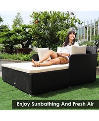 Outdoor Patio Rattan Daybed Thick Pillows Cushioned Sofa Furniture