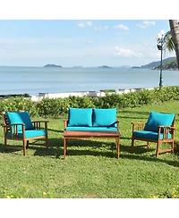 Gymax 4pcs Wooden Patio Furniture Set Table & Sectional Sofa w/ Turquoise Cushion