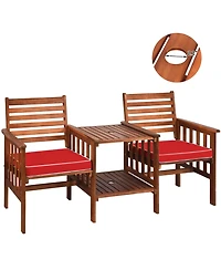 Gymax Acacia Wood Loveseat Patio Outdoor Conversation Set w/ Table Red Cushion