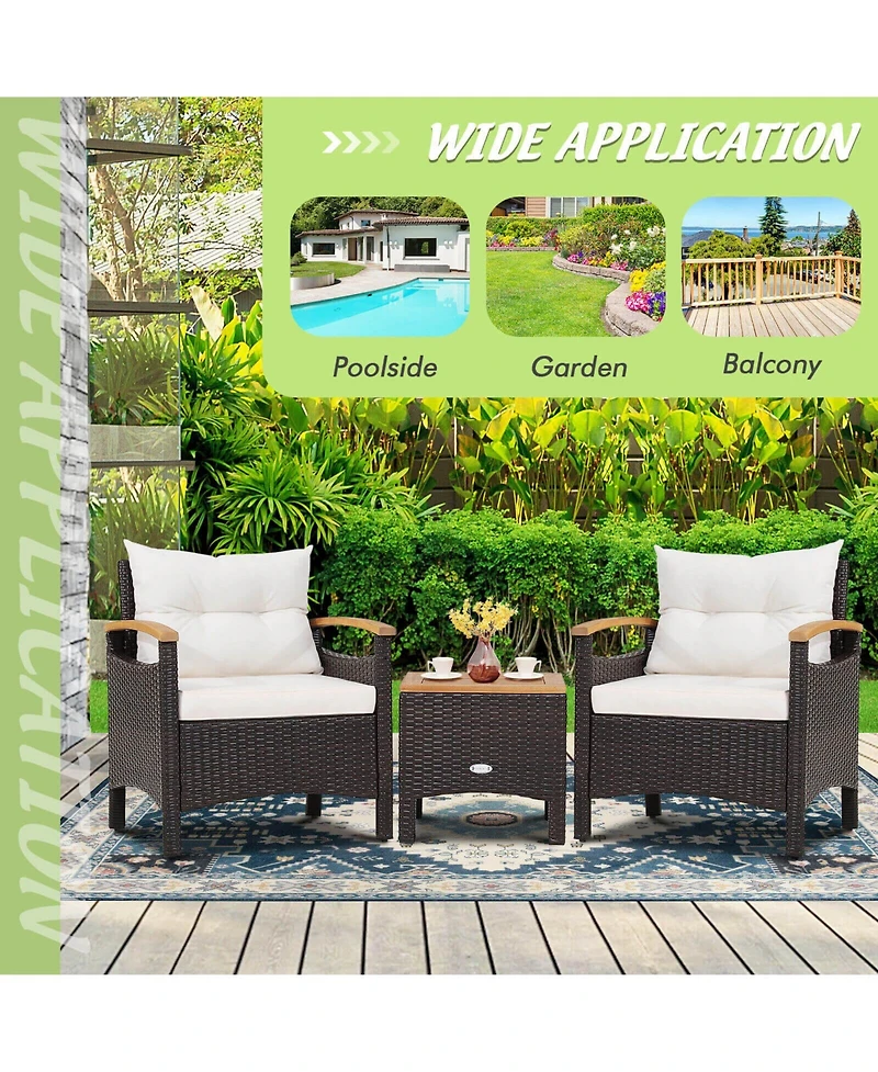 Vebreda 3 Pieces Patio Rattan Furniture Set with Removable Cushion