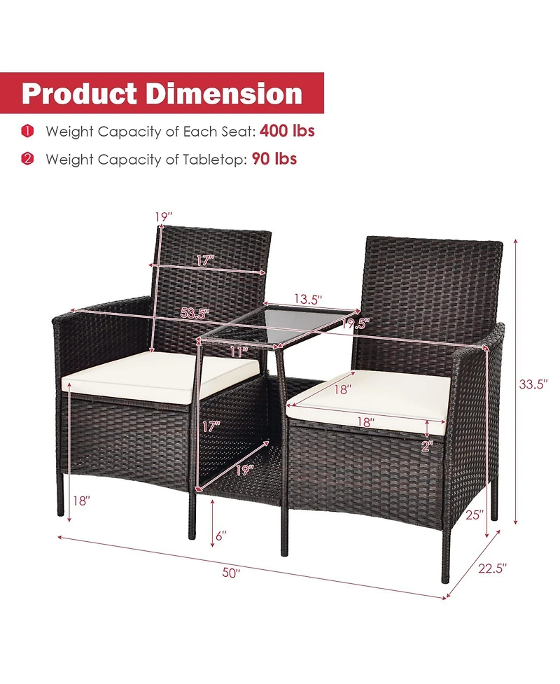Sugift Rattan Patio Conversation Set Cushioned with Glass Table