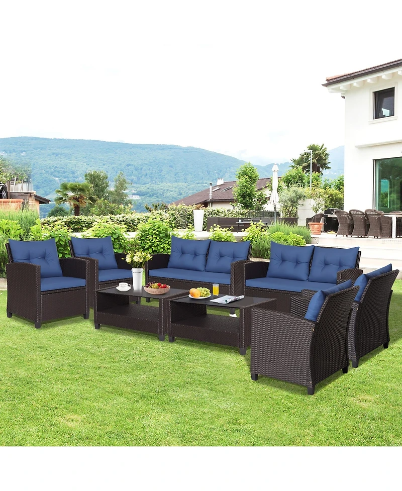 Gymax 4PCS Outdoor Conversation Set Patio Pe Rattan w/ Glass Table & Sofa Cushions