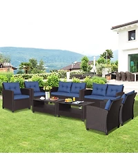 Gymax 4PCS Outdoor Conversation Set Patio Pe Rattan w/ Glass Table & Sofa Cushions