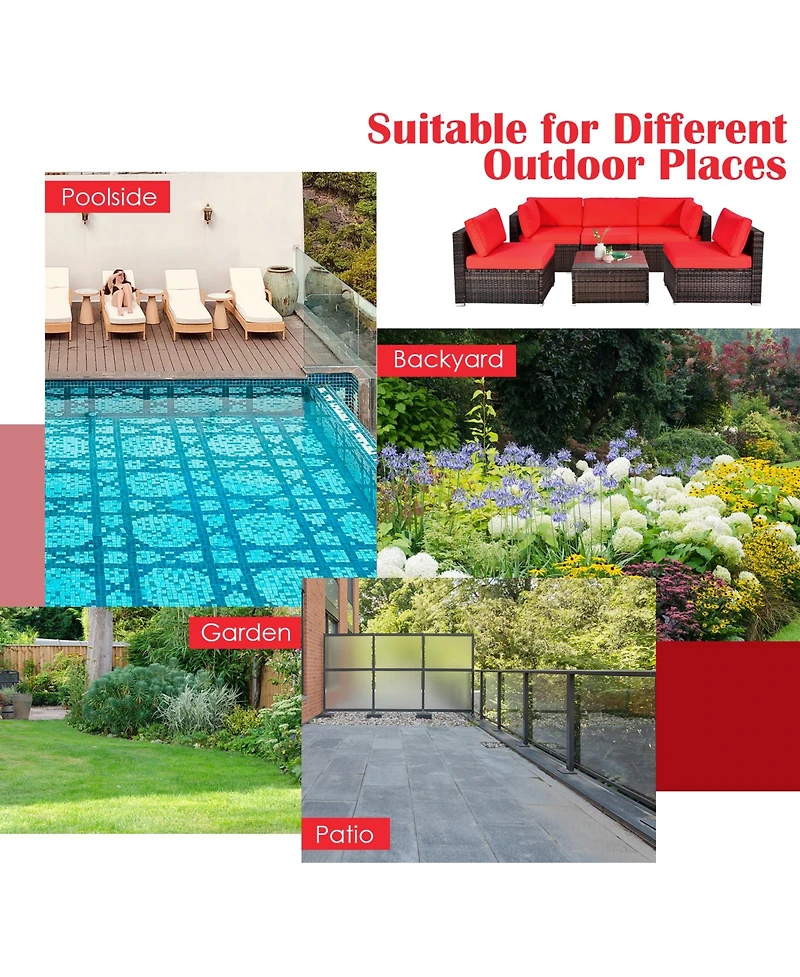 Gymax 6PCS Rattan Outdoor Sectional Sofa Set Patio Furniture Set w/ Red Cushions