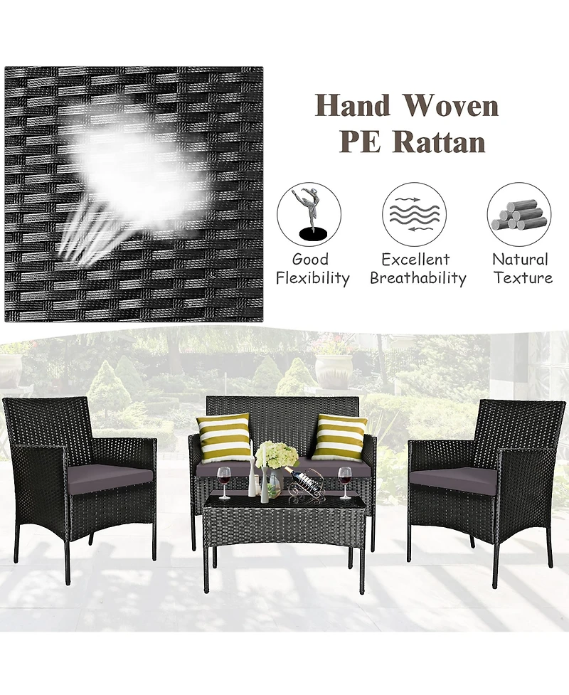 Gymax 4PCS Outdoor Furniture Set Patio Rattan Conversation Set w/ Grey & Off White Cushion