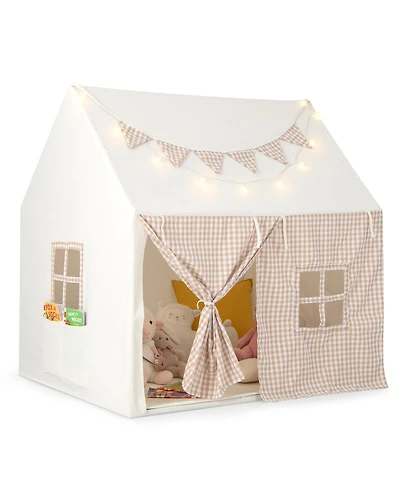 Slickblue Kids Play Tent Large Playhouse with Padded Mat and 2 Breathable Windows-Beige