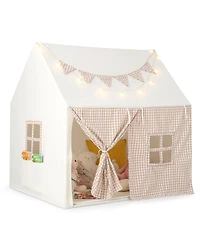 Slickblue Kids Play Tent Large Playhouse with Padded Mat and 2 Breathable Windows-Beige
