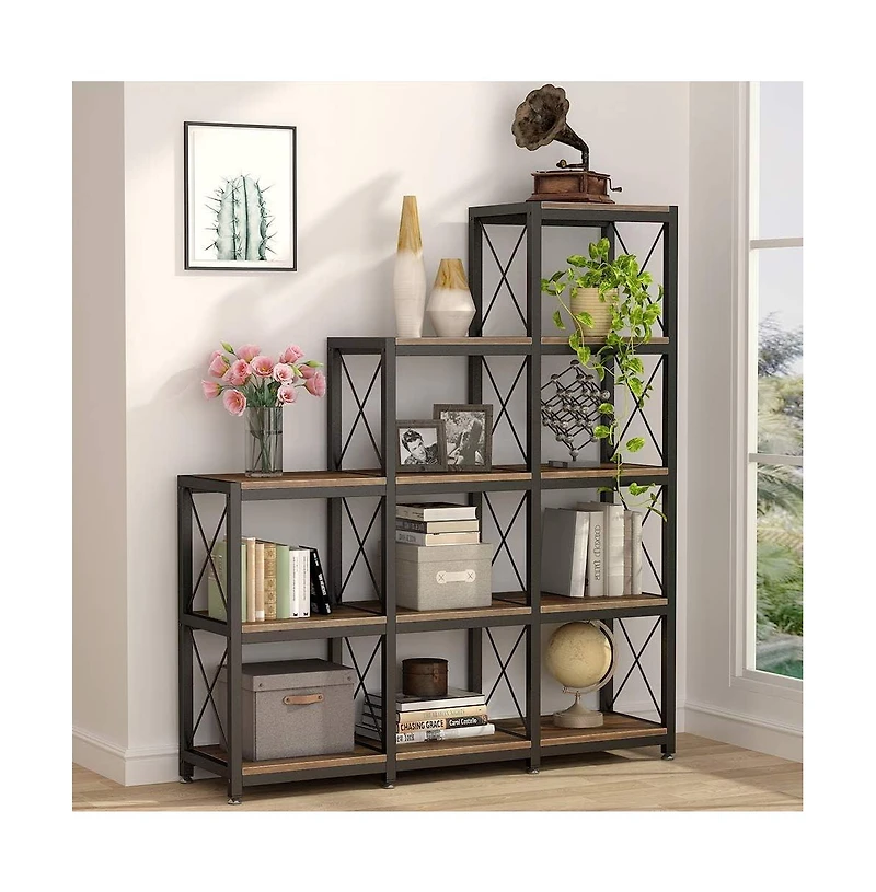 Tribesigns 12 Shelves Bookshelf, Industrial Ladder Corner Bookshelf 9 Cubes Stepped Etagere Bookcase, 5-Tier Display Shelf Storage Organizer for Home