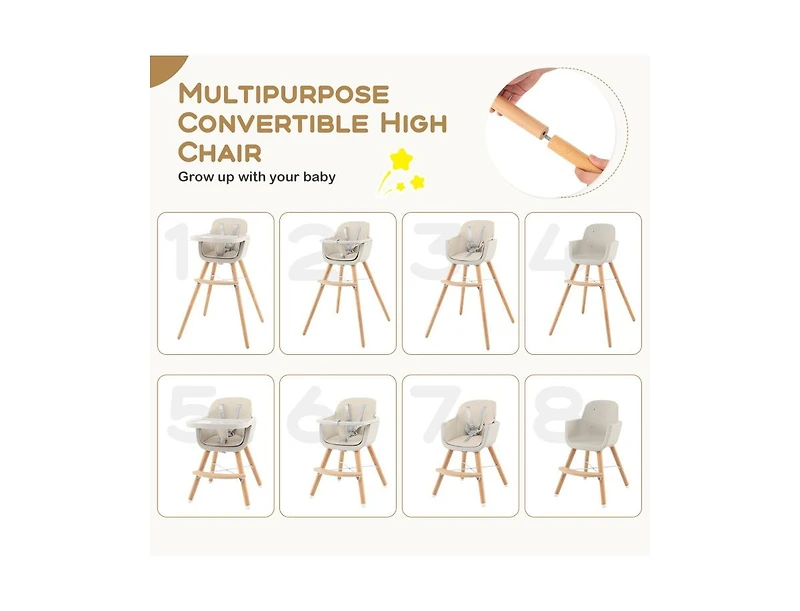 Slickblue Kids 3-in-1 Convertible Wooden High Chair with Cushion-Light Gray