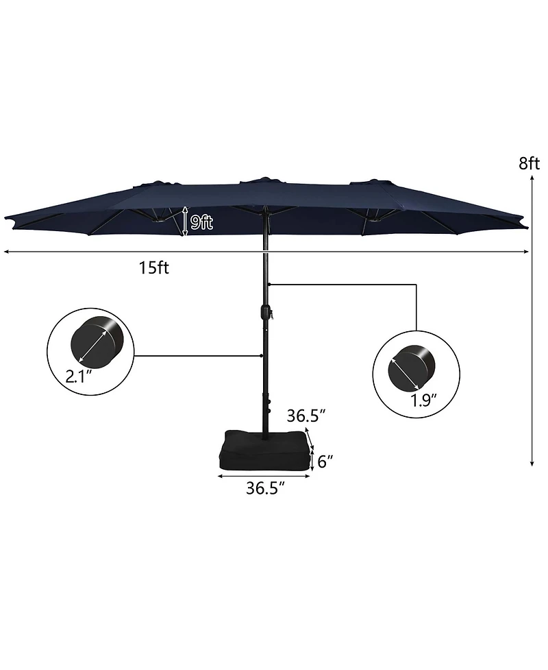 15FT Double-Sided Twin Patio Umbrella Sun Shade Outdoor Crank Market Base