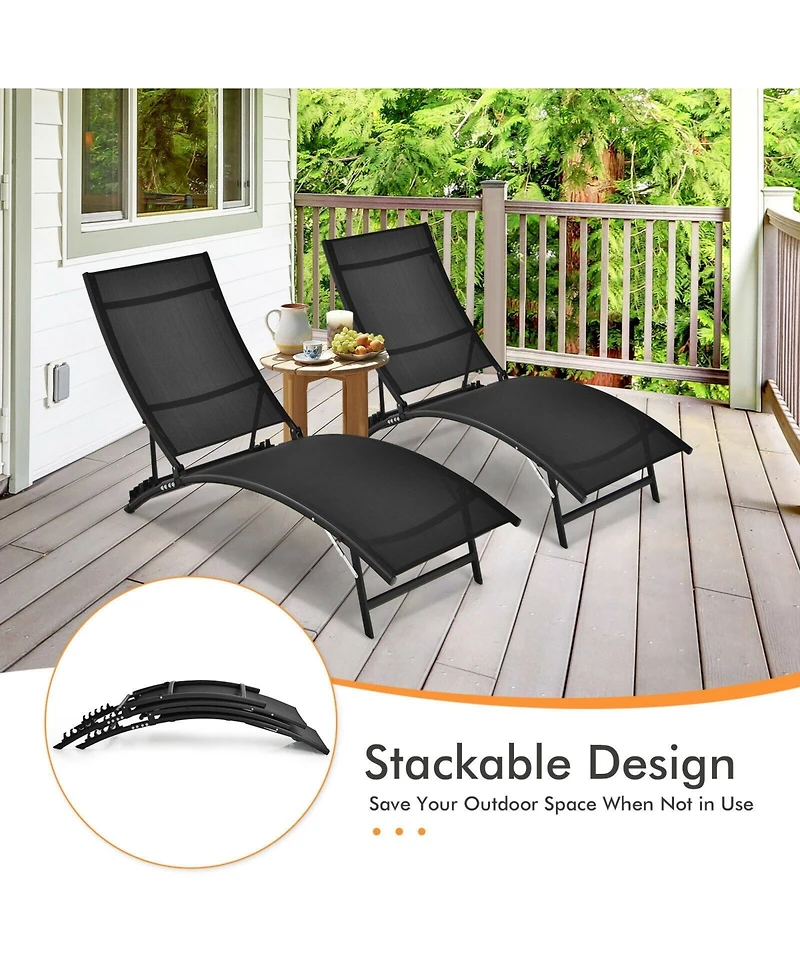 Inolait 2 Pieces Patio Folding and Stackable Chaise Lounge Chair with 5-Position Adjustment
