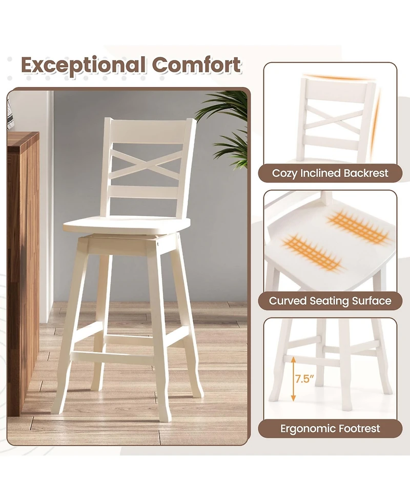 2 Pcs 24" Counter Height Stool Rubber Wood Swivel Bar with Inclined Backrest