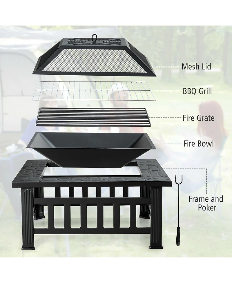 Gymax 32'' 3 in 1 Outdoor Square Fire Pit Table W/ Bbq Grill Rain Cover for Camping