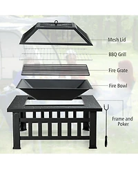 Gymax 32'' 3 in 1 Outdoor Square Fire Pit Table W/ Bbq Grill Rain Cover for Camping