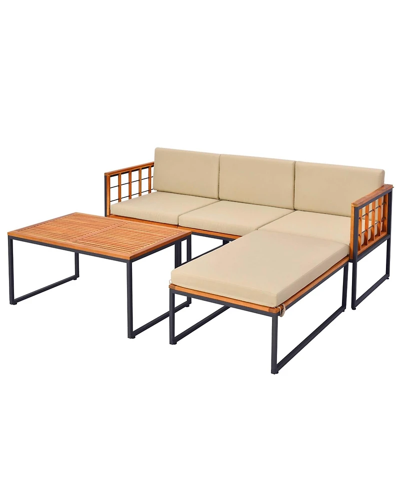 Costway 5 Pcs Patio Furniture Set Acacia Wood Sectional Set with Seat & Back Cushions