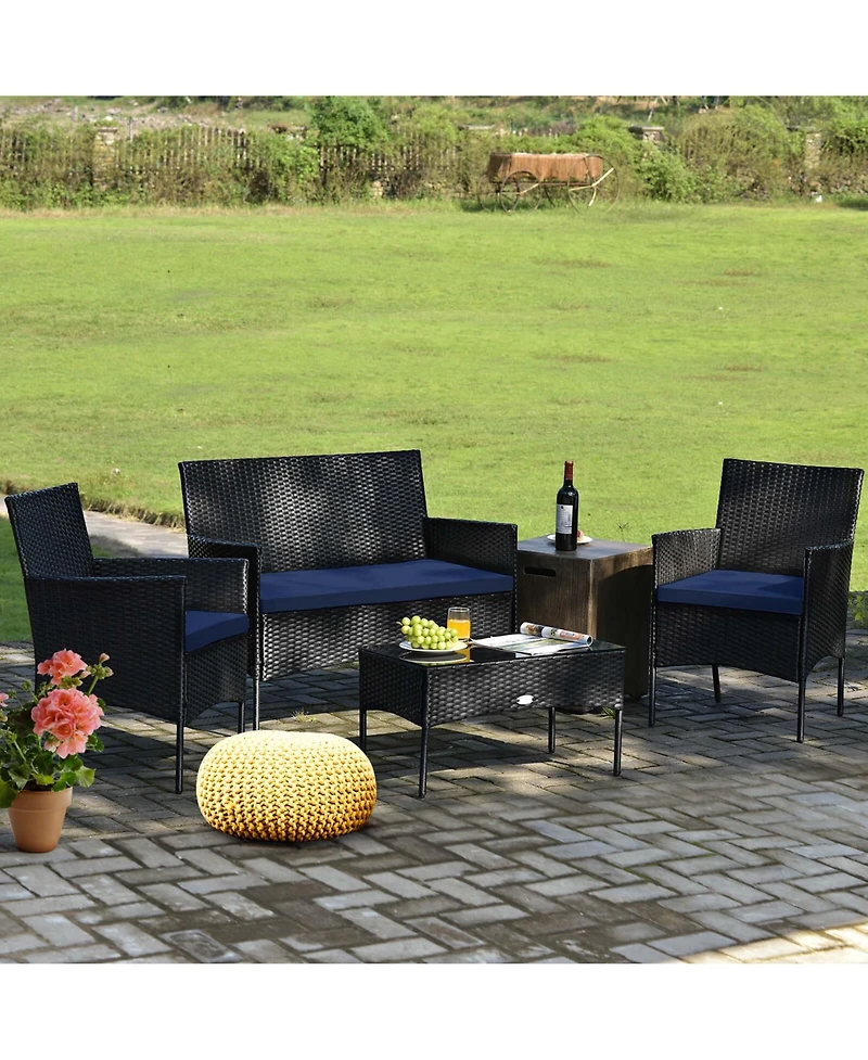 4PCS Patio Rattan Furniture Set Cushioned Sofa Coffee Table Backyard