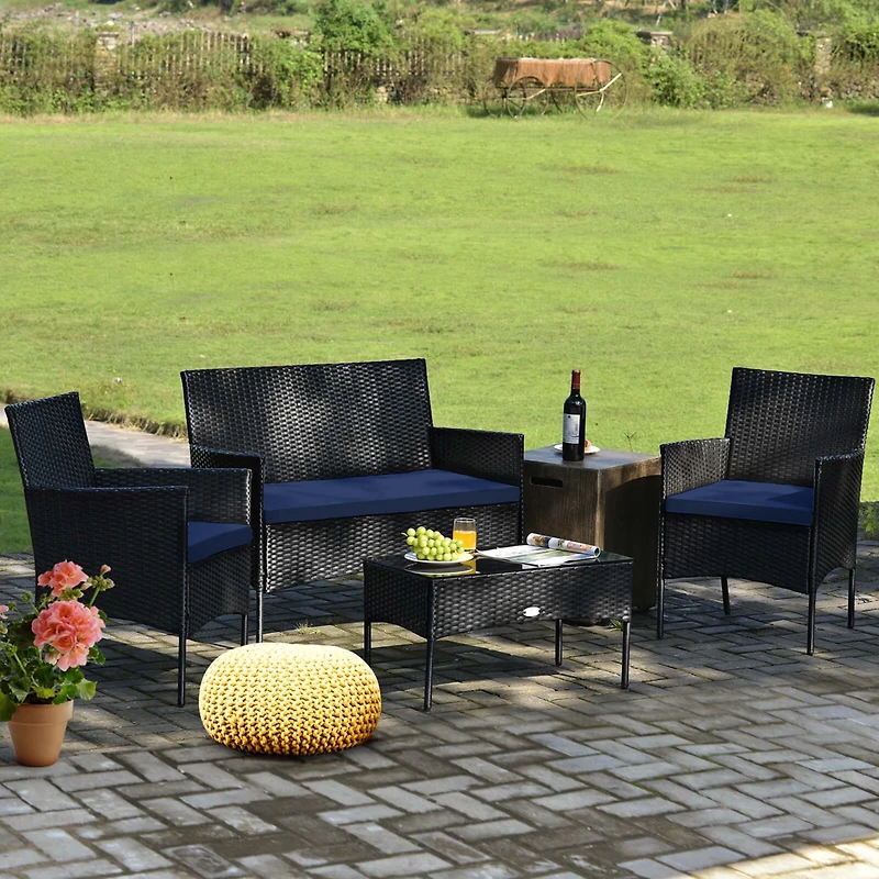 4PCS Patio Rattan Furniture Set Cushioned Sofa Coffee Table Backyard