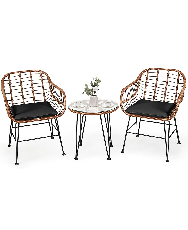 3PCS Patio Rattan Bistro Set Coffee Table Armchair Garden