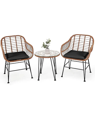 3PCS Patio Rattan Bistro Set Coffee Table Armchair Garden