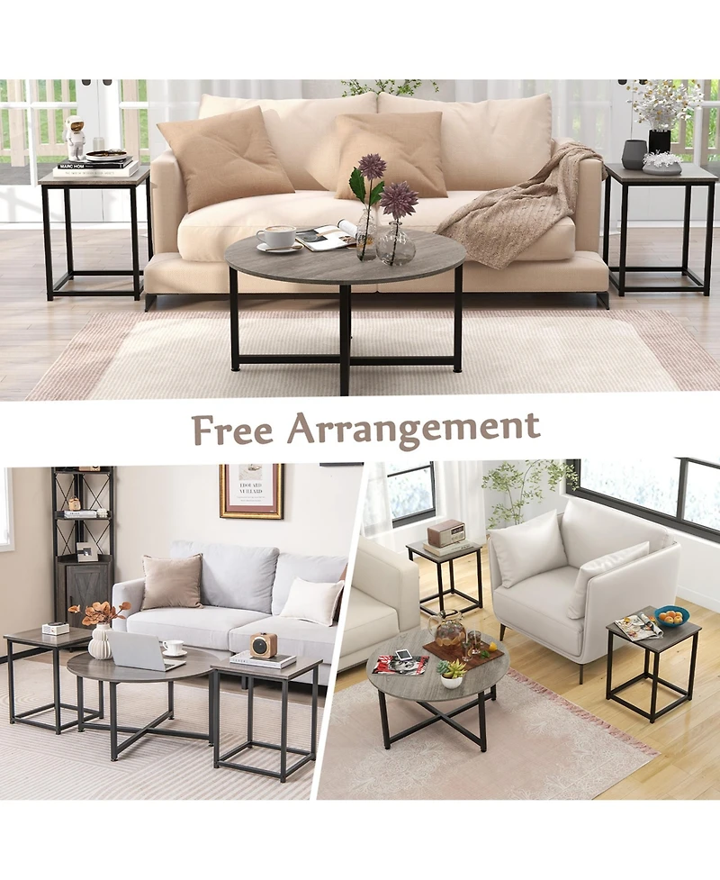 Costway 3 Pcs Coffee Table Set Round Coffee Table and 2 Pcs Square End Tables Metal Frame