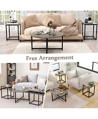 Costway 3 Pcs Coffee Table Set Round Coffee Table and 2 Pcs Square End Tables Metal Frame