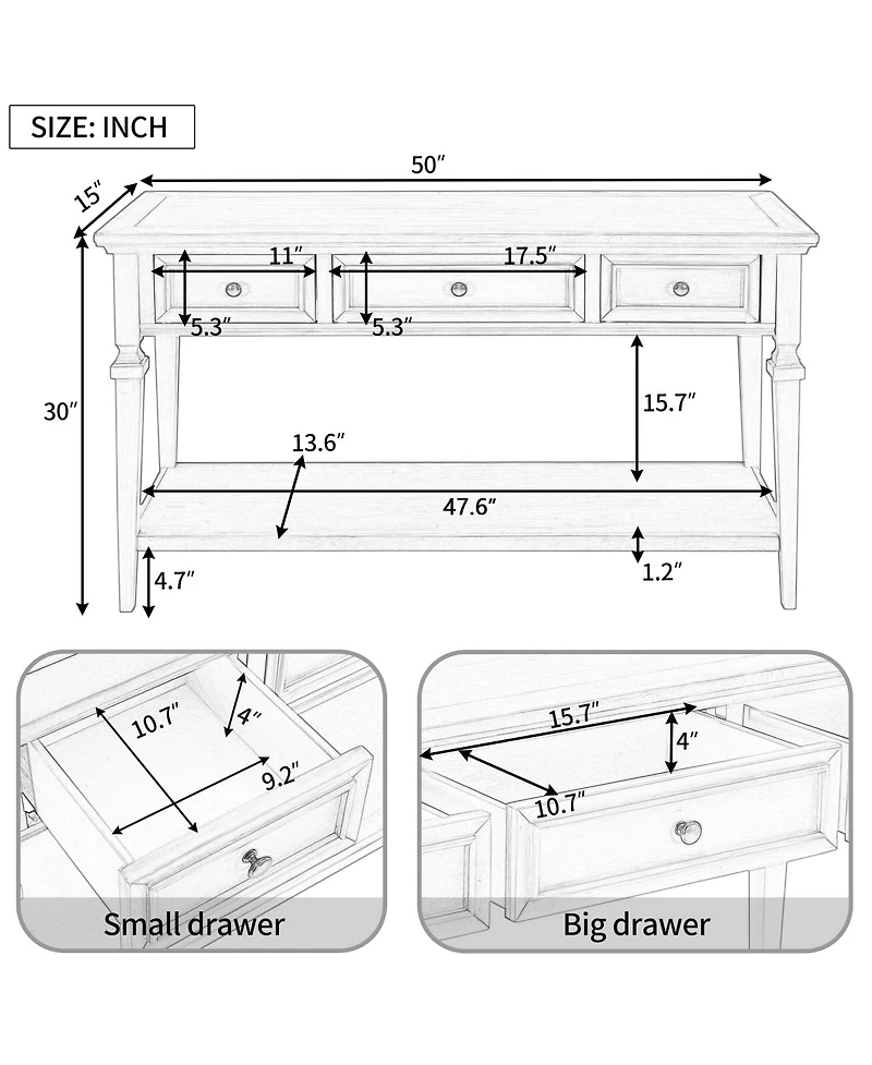 Simplie Fun Classic Retro Style Console Table With Three Top Drawers And Open Style Bottom Shelf