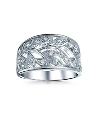 Bling Jewelry Pave Cubic Zirconia Open Filigree Wide Leaves Leaf Band Ring Sterling Silver