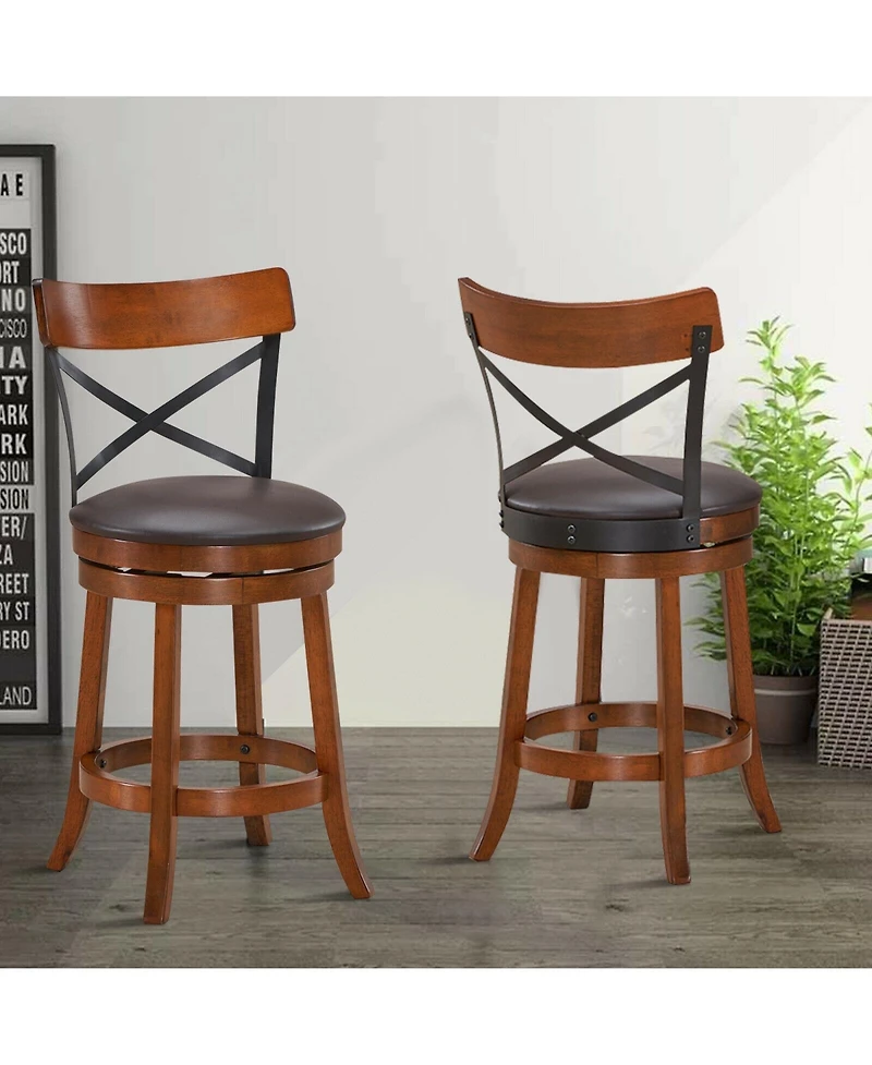 Sugift Set of 2 Bar Stools 360-Degree Swivel Dining Bar Chairs with Rubber Wood Legs