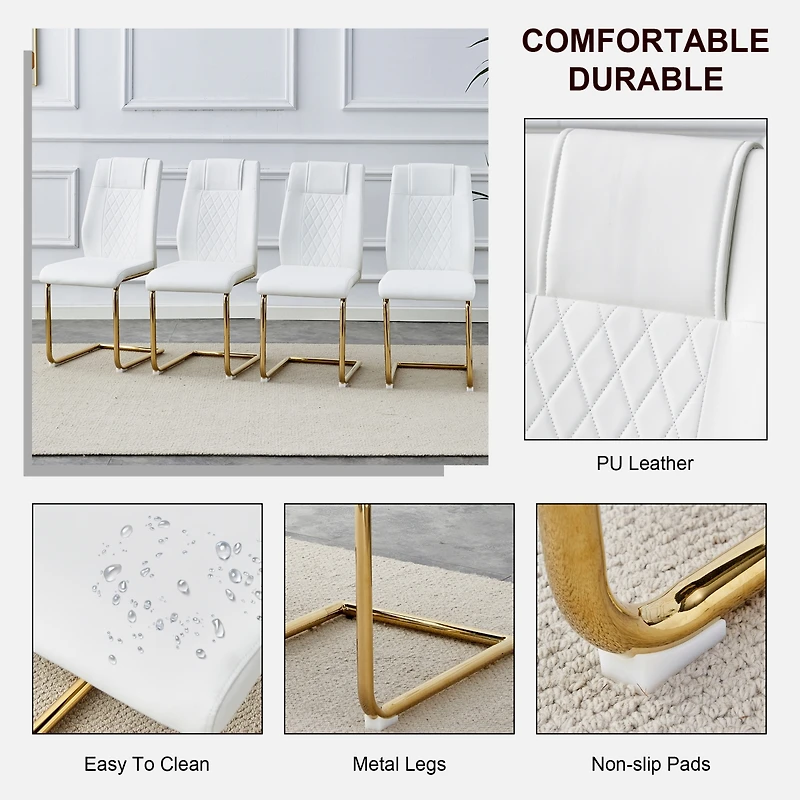 Streamdale Furniture 4 Modern Golden Leg Cushioned Chairs, White+Pu
