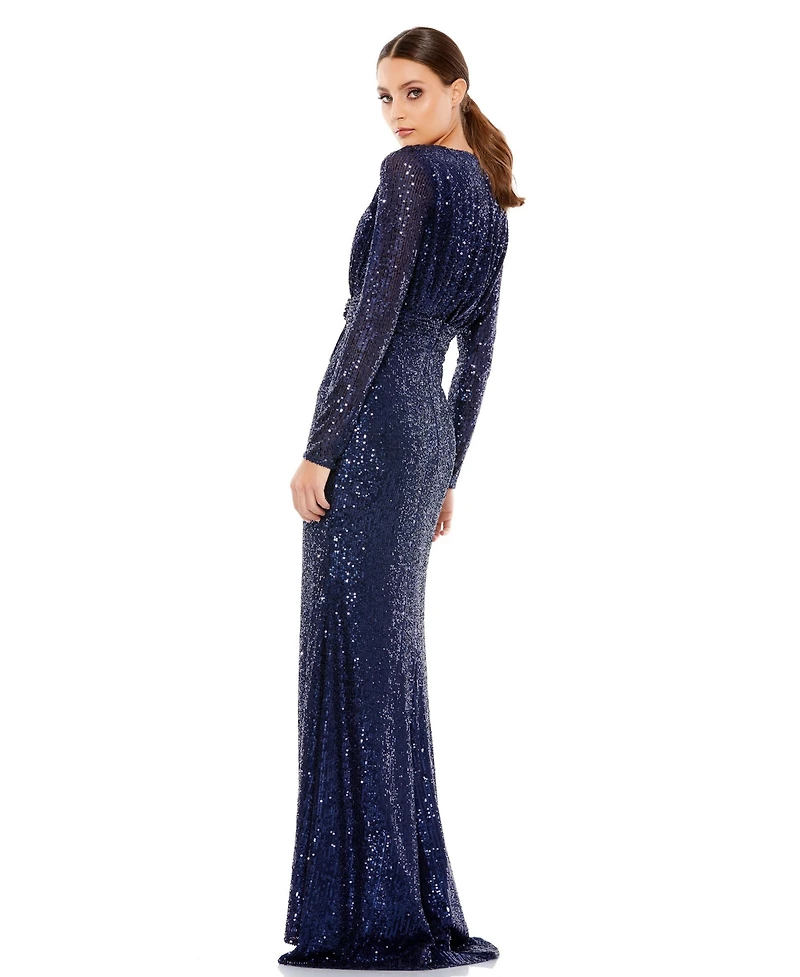 Mac Duggal Women's Floor-Length Sequin Gown Featuring Long Sleeves and Sheer Accents