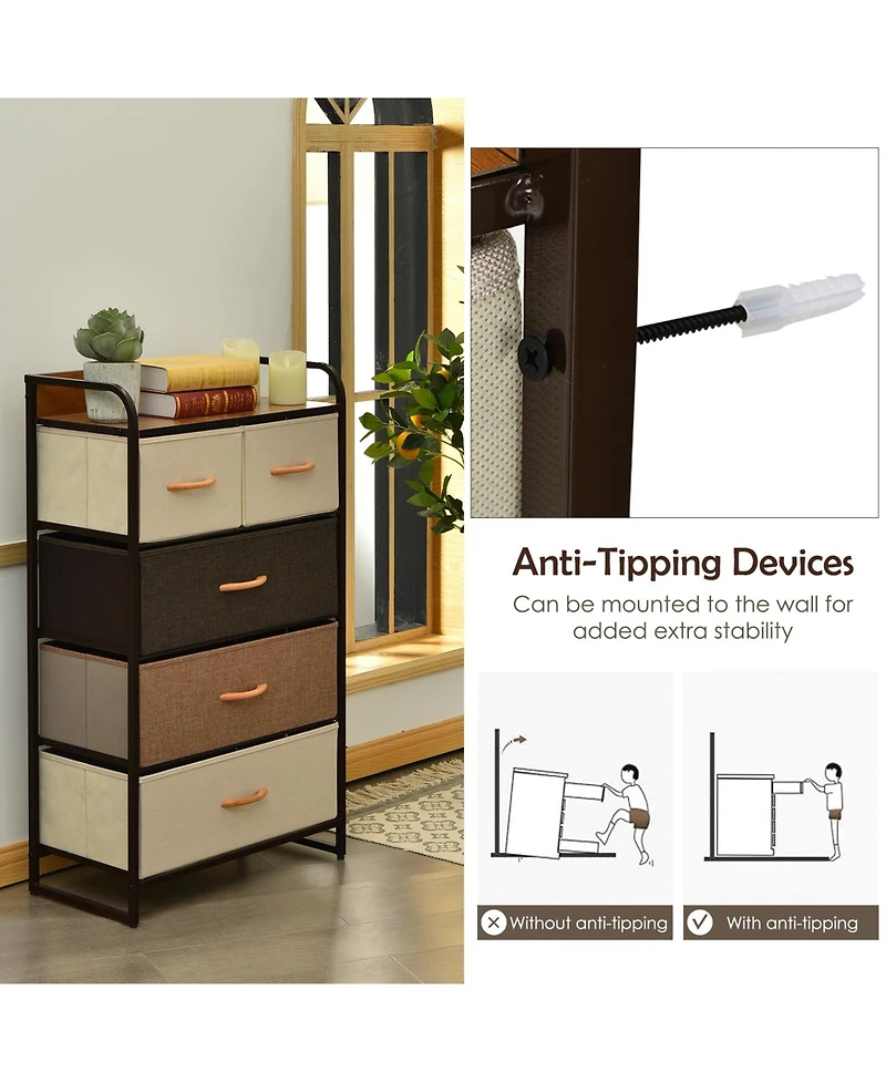 Sugift 4-Tier Organizer Tower Steel Frame Wooden Top Storage with 5-Drawer Dresser