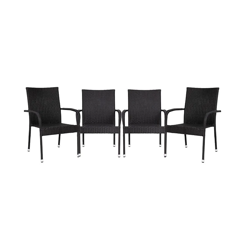 Merrick Lane Set Of 4 Mathias Indoor/Outdoor Black Wicker Patio Chairs With Powder Coated Steel Frame, Comfortably Curved Back And Arms