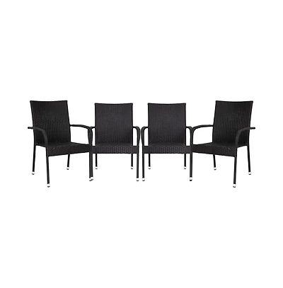 Merrick Lane Set Of 4 Mathias Indoor/Outdoor Black Wicker Patio Chairs With Powder Coated Steel Frame, Comfortably Curved Back And Arms