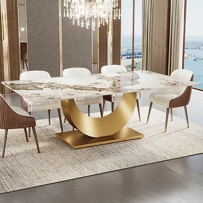 Tribesigns 78.7" Sintered Stone Dining Table, Luxury Kitchen Table with Snowy White Pandora Sintered Stone Tabletop, Dinner Table with Golden Sta